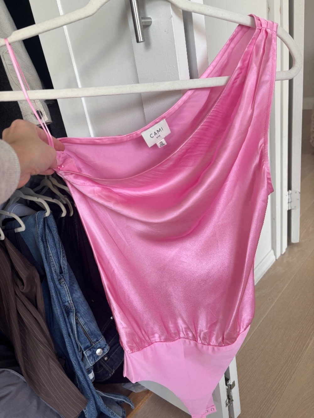 Pink Silk Cami NYC Darby Top - One Shoulder Body Suit size XS
